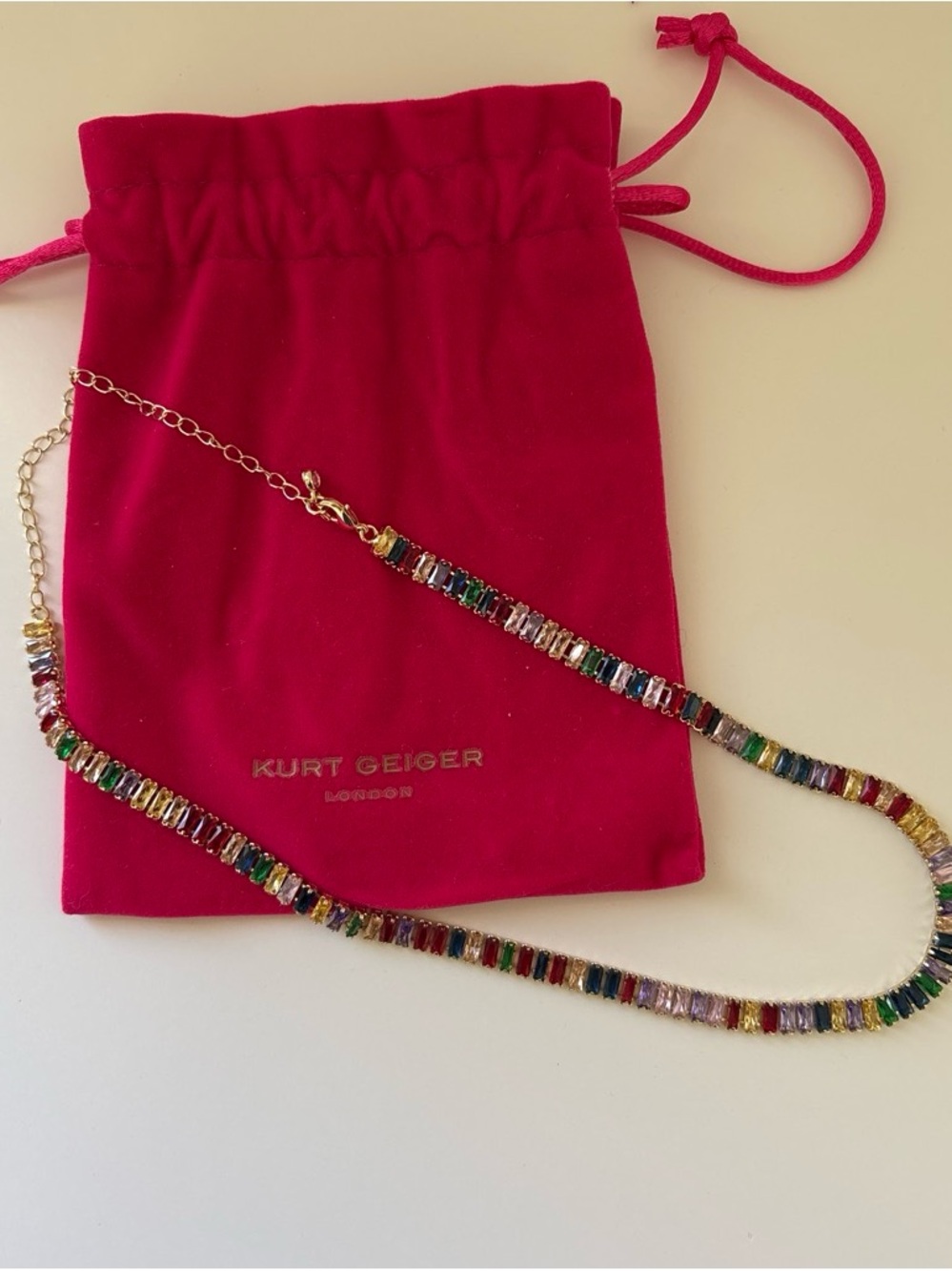 Kurt Geiger Multicolor Baguette Crystal Necklace with Pink Pouch